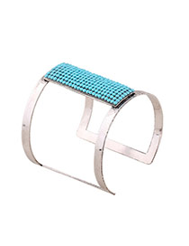 Exaggerate Peacock Blue Rectangle Diamond Decorated Hollow Out Opening Design Alloy Fashion Bangles